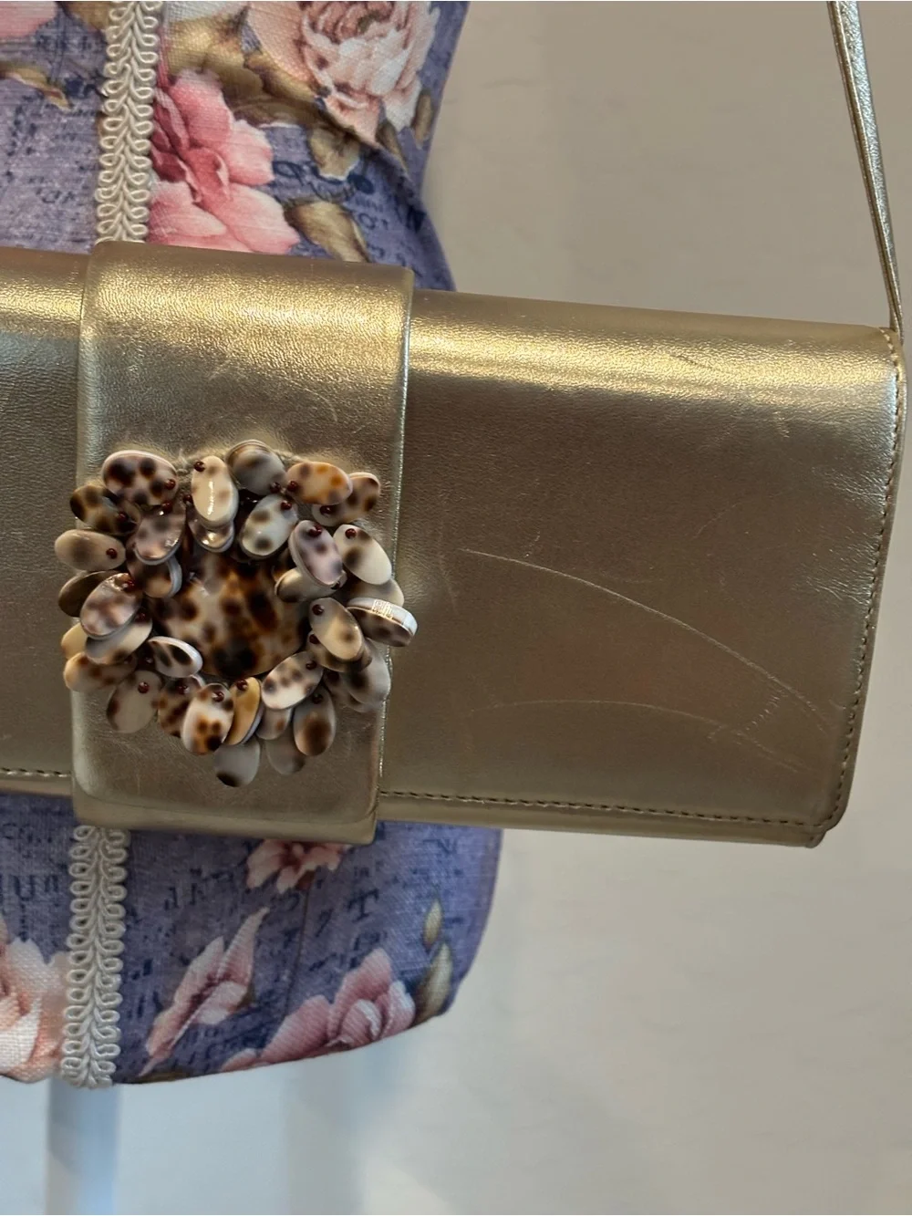 Oscar De La Renta Metallic Gold Evening Clutch with Shell Accent